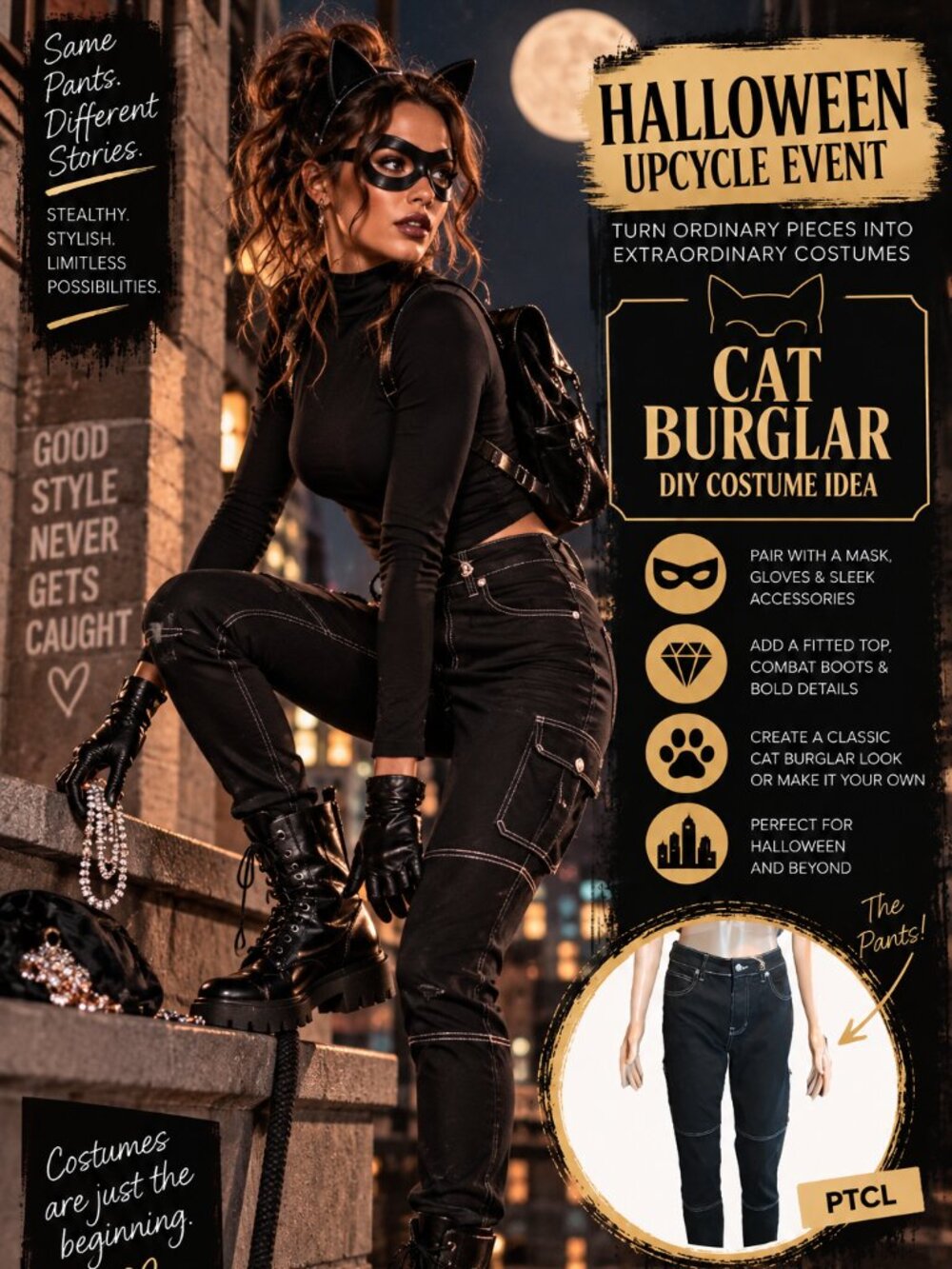 Halloween Upcycle Costume Base PTCL Black Cargo Skinny Jeans L 12 NWT